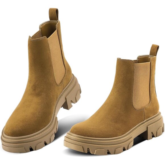 Brown Women's Chelsea Ankle Booties - Comfortable Slip-On with Lug Sole & Heel - Picture 2 of 7